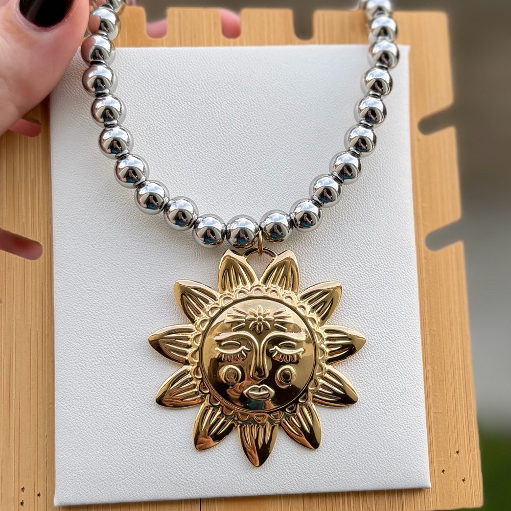 Anthropologie Gold Sun Medallion Necklace with Silver Beaded Chain